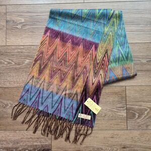 NWT Scotland Made 100% Cashmere Scarf Multicolor Zig Zag Chevron‎ Fringe Eden